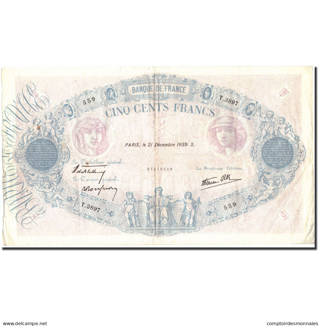 France, 500 Francs, 500 F 1888-1940 ''Bleu Et Rose'', 1939, 1939-12-21, TTB - 500 F 1888-1940 ''Bleu Et Rose''