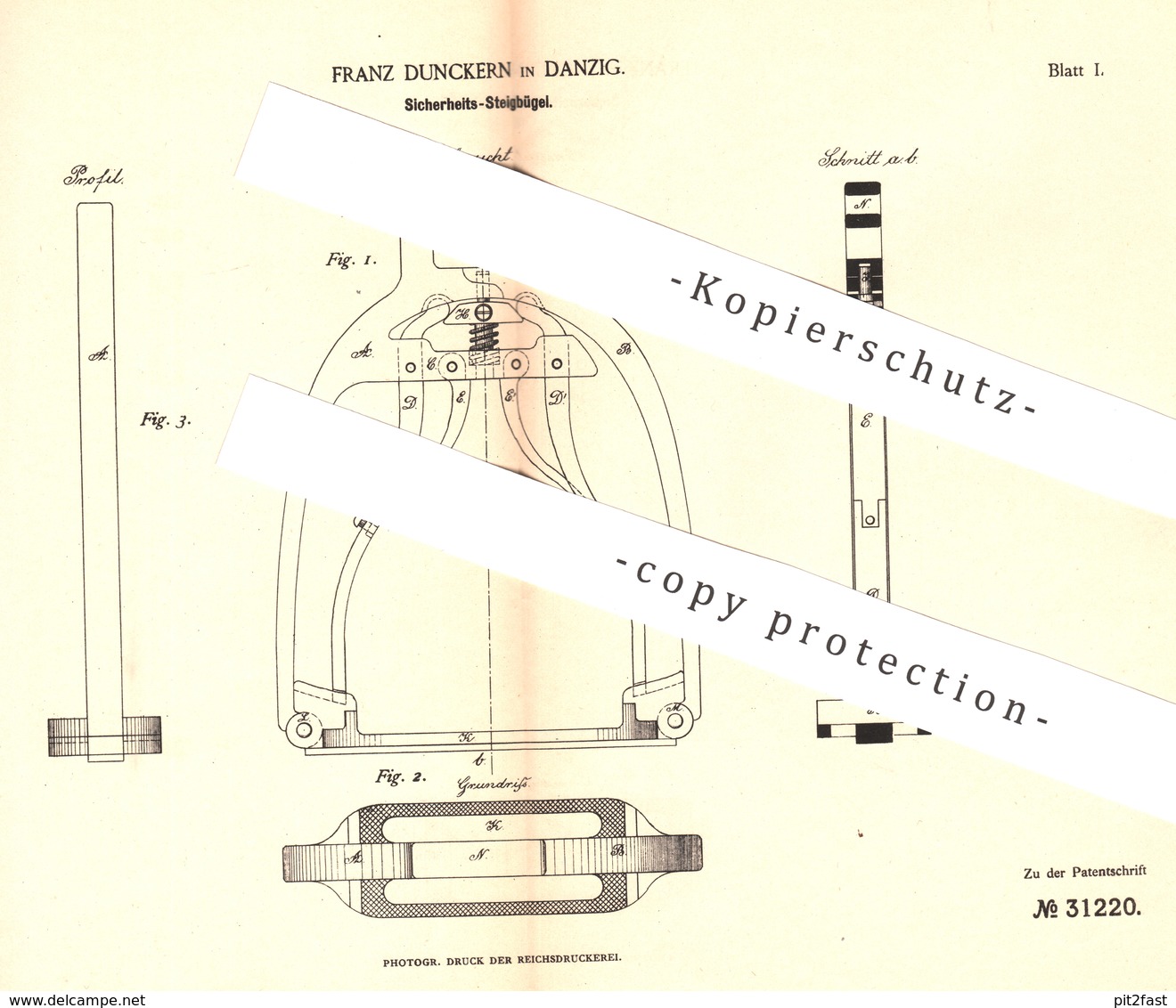 Original Patent - Franz Dunckern , Danzig , 1884 , Steigbügel | Pferd , Pferde , Reiten , Reitsport , Reiter , Kutsche - Historische Dokumente