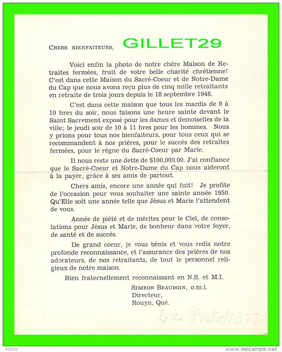 ROUYN, QUÉBEC - CARTE DOUBLE, ENTRÉE PRINCIPALE &  ARRIÈRE, MAISON NOTRE DAME DU CAP 1950 -  DIRECTEUR, SIMÉON BEAUDO - Autres & Non Classés