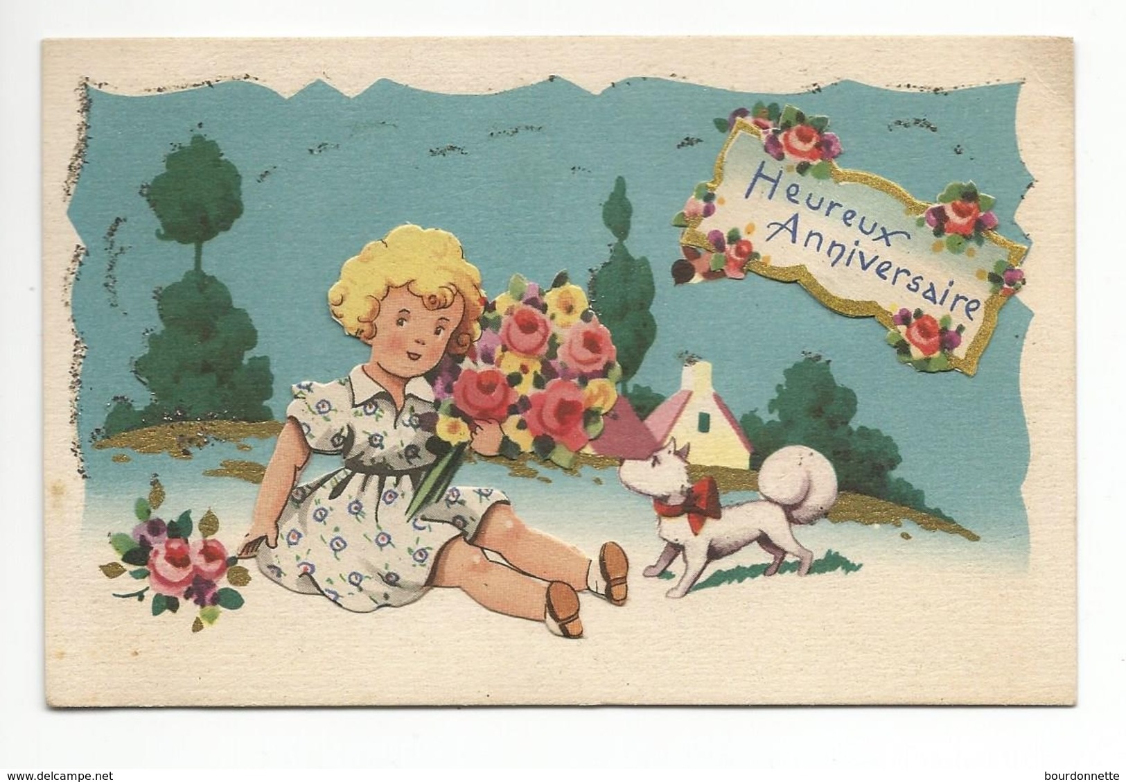 Carte Fantaisie Heureux Anniversaire  En RELIEF PAR COLLAGE ROBY (FILLETTE EN AJOUTIS) Paillettes - Anniversaire