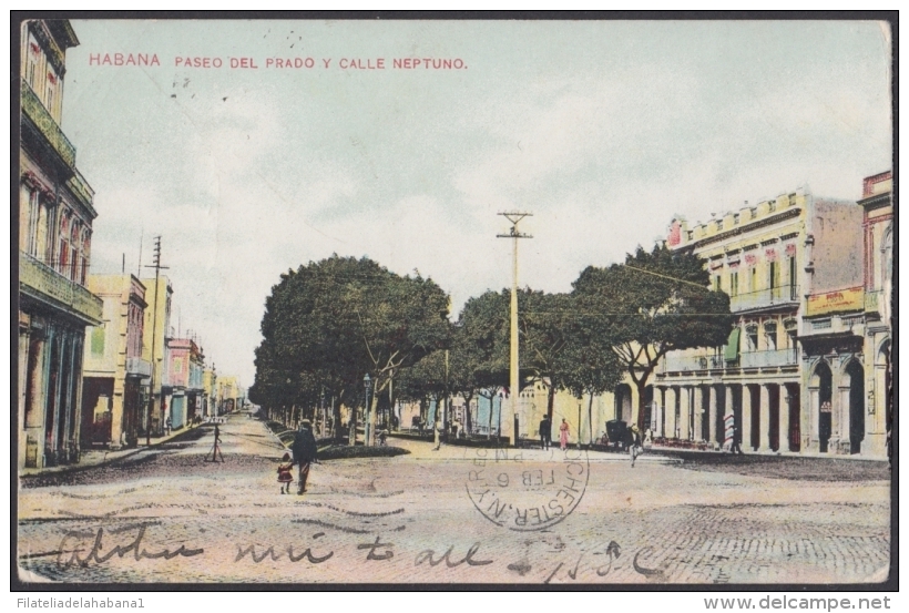 POS-913 CUBA POSTCARD. 1909. HAVANA, PASEO DEL PRADO Y NEPTUNO. USED. - Cuba