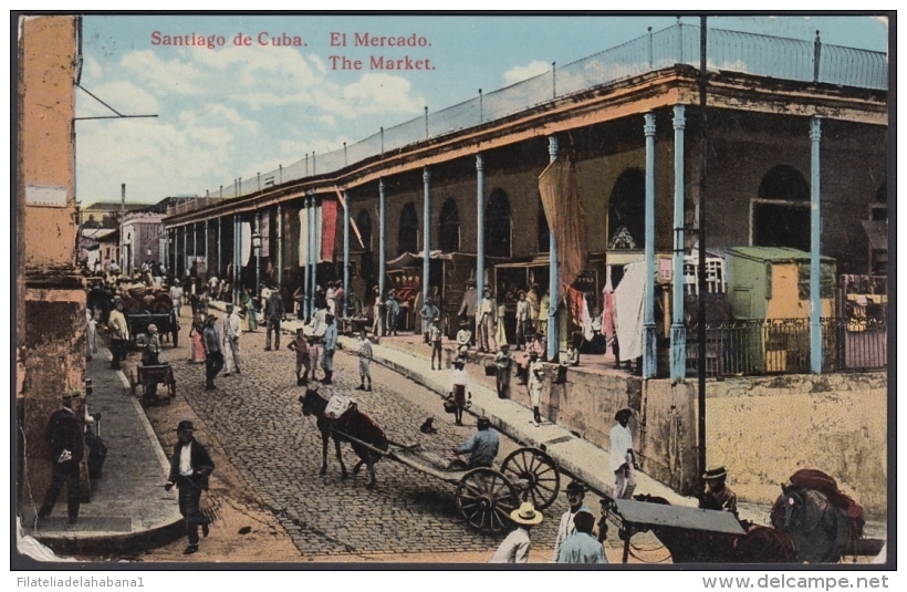 POS-933 CUBA POSTCARD. 1927. SANTIAGO  MARKET, EL MERCADO TO FINLAND SOUMI. - Cuba