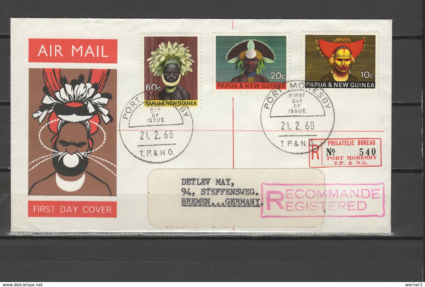 PNG Papua New Guinea 1968 Headdresses Set Of 4 On Registered FDC To Germany - Papua New Guinea