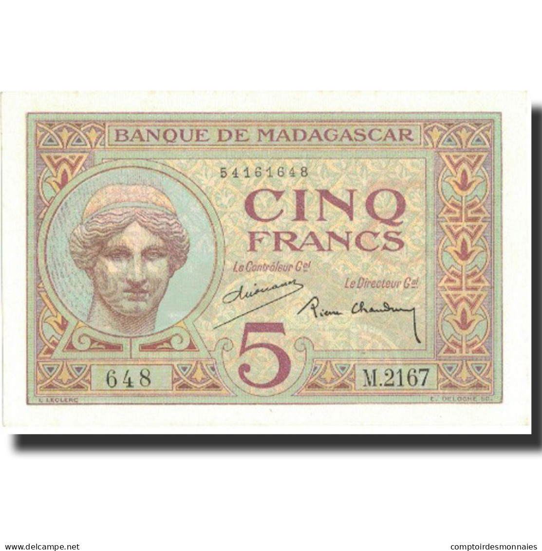 Billet, Madagascar, 5 Francs, Undated (1937), KM:35, NEUF - Madagascar