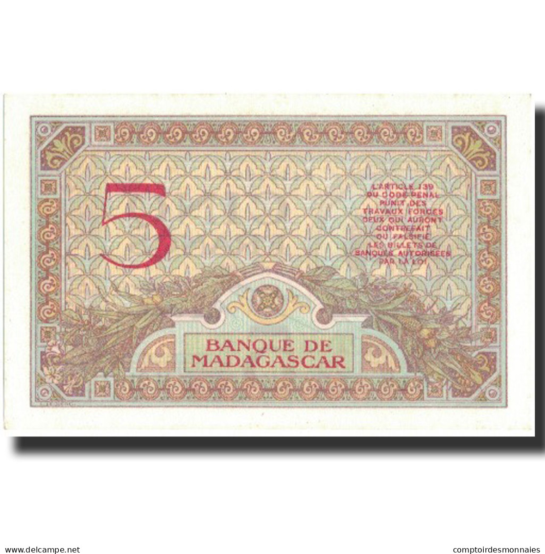 Billet, Madagascar, 5 Francs, Undated (1937), KM:35, NEUF - Madagascar