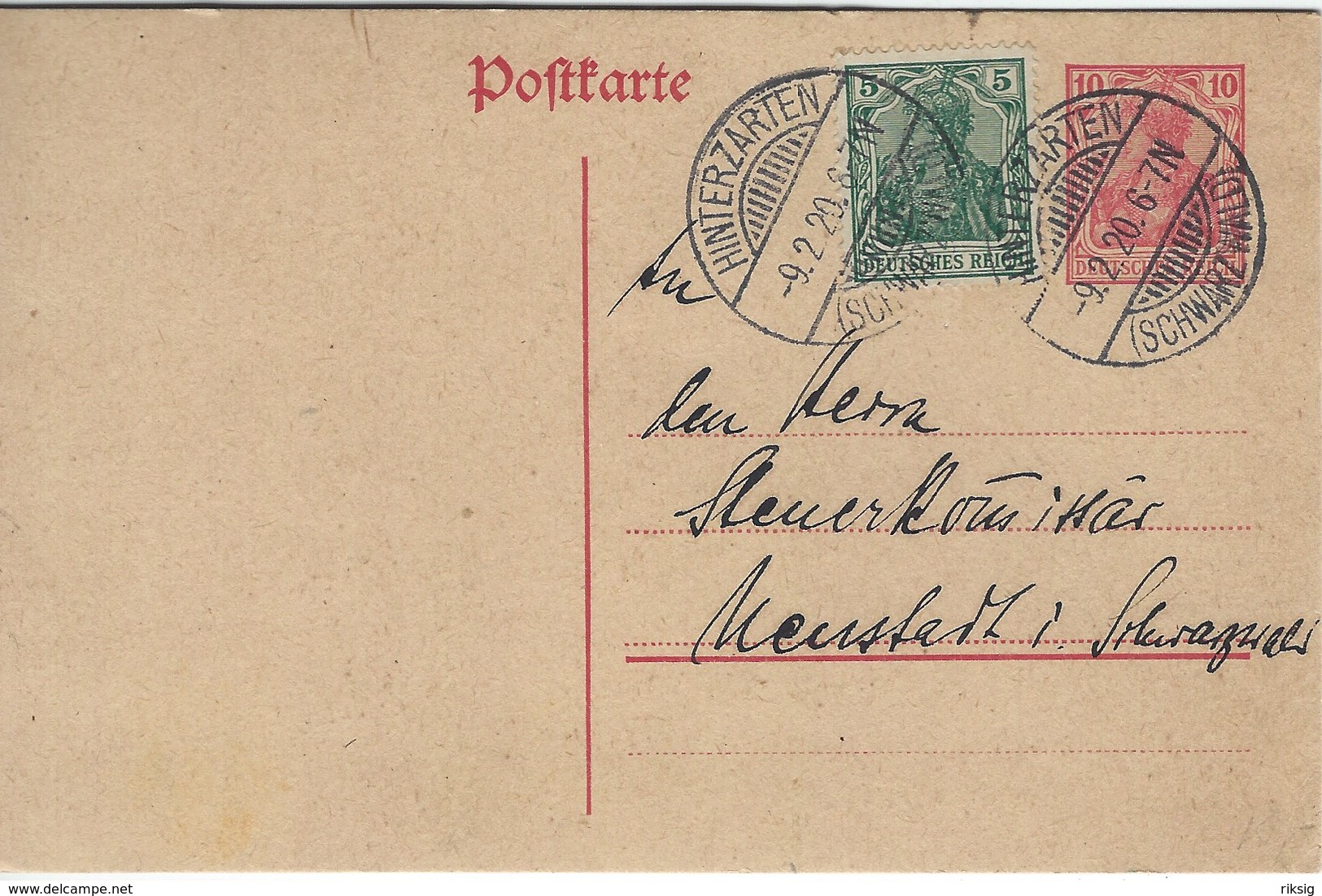 Germany - Uprated Stationery. Used Hinterzarten ( Schwartzwald ) 1920   H-1309 - Autres & Non Classés