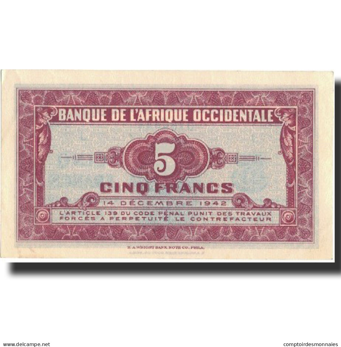 Billet, French West Africa, 5 Francs, 1942, 1942-12-14, KM:28a, SPL - Estados De Africa Occidental