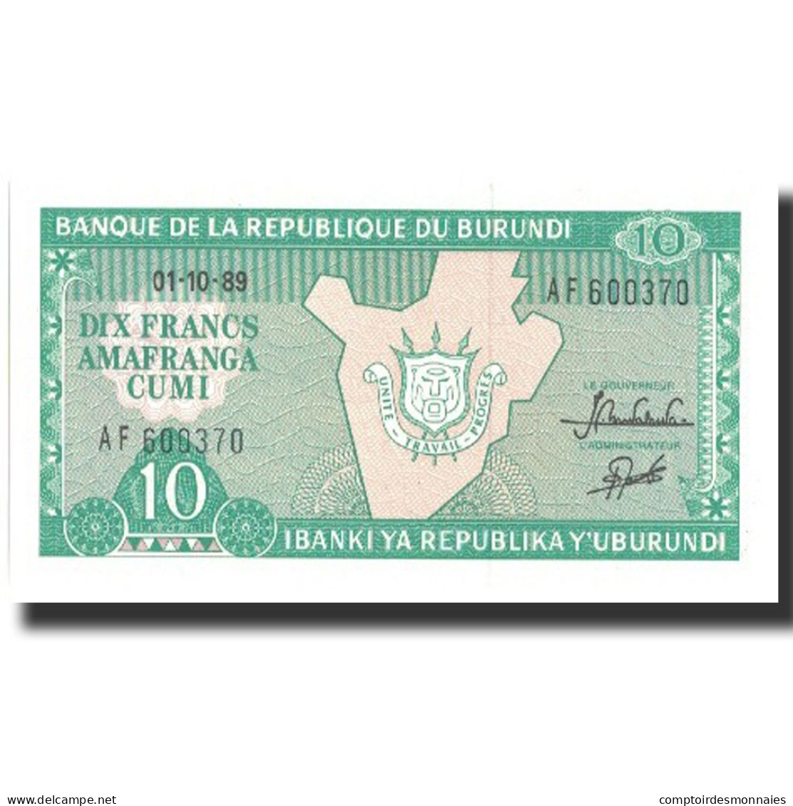 Billet, Burundi, 10 Francs, 1989, 1989-10-01, KM:33b, NEUF - Burundi