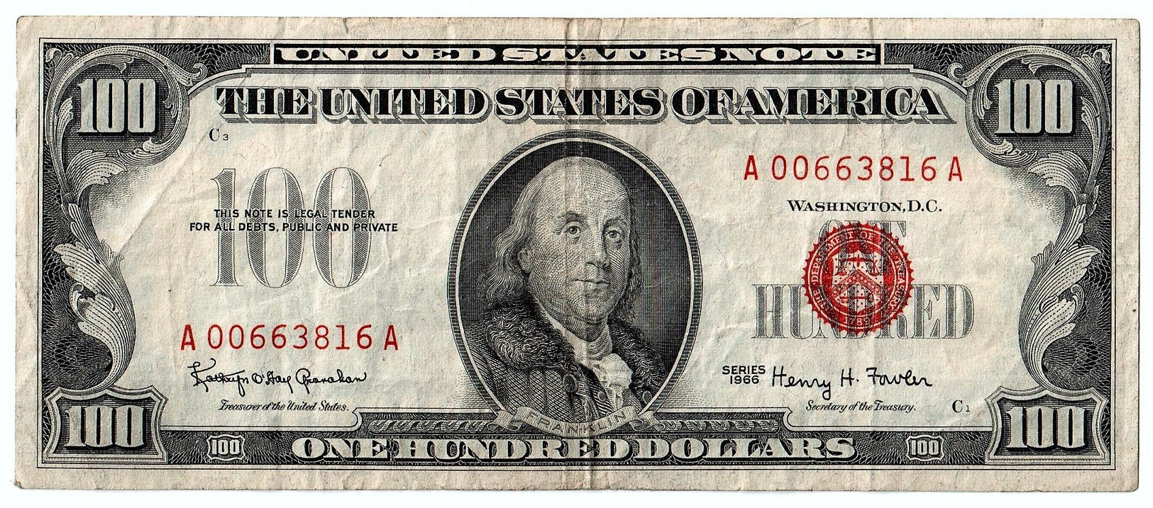 THE UNITED OF STATES OF AMERICA - 100 DOLLARS - SERIES 1966 - B. FRANKLIN - P. 1053- VERY FINE - Federal Reserve Notes (1928-...)