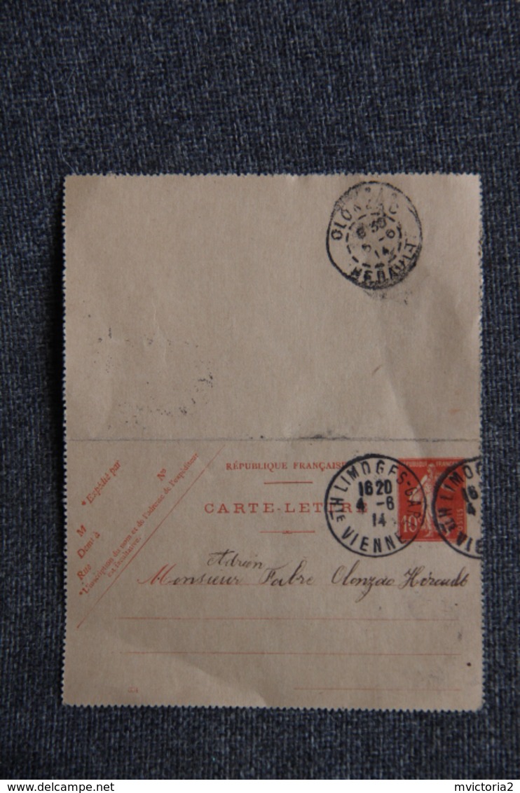 Entier Postal Sur Carte Lettre De LIMOGES Vers OLONZAC ( Semeuse Fond Plein 10 C Rouge) - Cartes-lettres