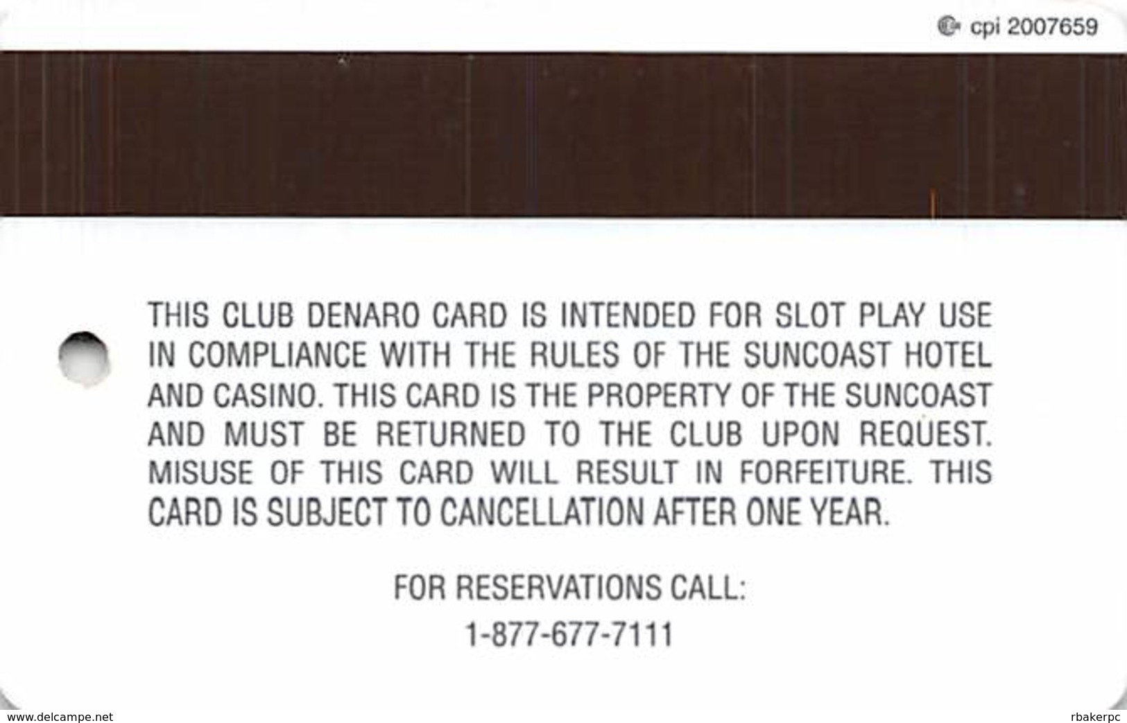 Suncoast Casino - Las Vegas, NV - Slot Card - Cpi 2007659 Over Mag Stripe - Casino Cards