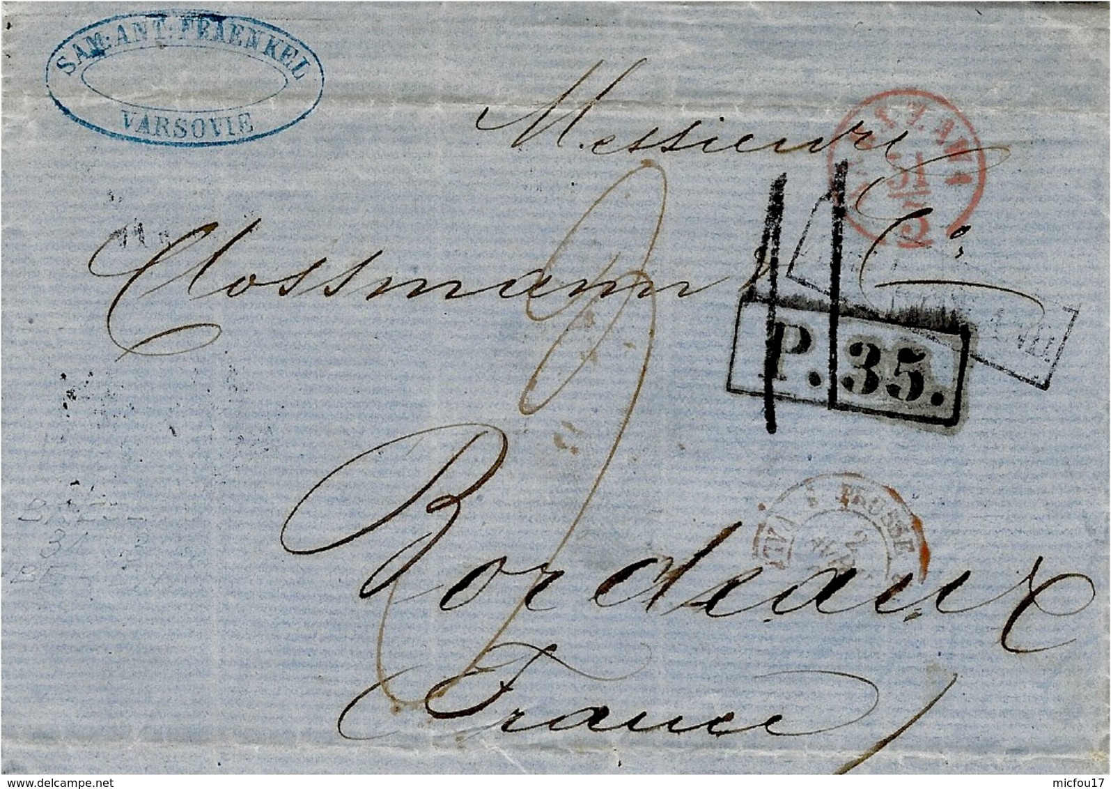 1861- Cover From Warszawa  To Bordeaux ( France ) French Rate 11 D. Tampon + P.35 Surround. - ...-1860 Prefilatelia