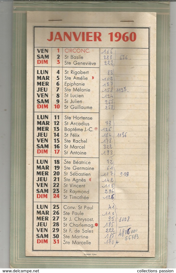 Calendrier , Grand Format , 43 X 17.5, Fabrique  De Sacs En Papier, 1960 , Ets G. BASILE , POITIERS , Frais Fr 2.85 E - Groot Formaat: 1941-60