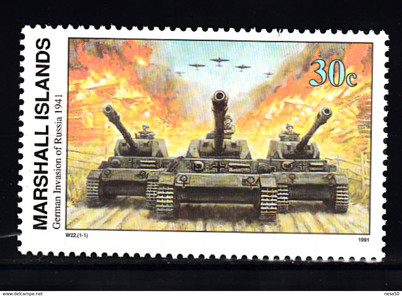 Marshalleilanden 1991 Mi Nr 361 Second War:  Invasie In Rusland, Tank, Airplane - Marshallinseln