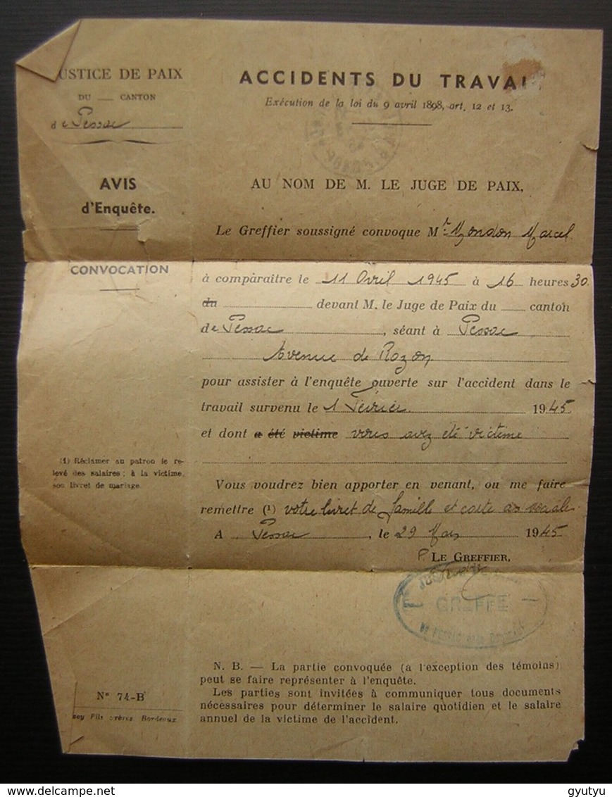 1945 Pessac (Gironde) Lettre Recommandée De La Justice De Paix, Relative à Un Accident Du Travail Pour Monsieur Mondon - 1921-1960: Periodo Moderno