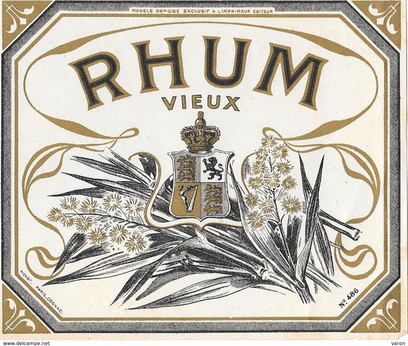 Etiquette RHUM VIEUX - Chromo-lithographie Bichromie Noir Et Or  - ARMOIRIES - BLASON - Imp PICHOT Paris Cognac N° 486 - Rhum