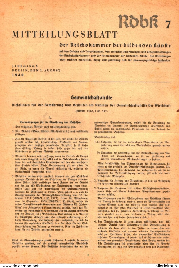 Mitteilungsblatt Der Reichskammer Der Bildenden Kuenste/Heft7: Gemeinschaftshilfe / Zeitschrift/1940 - Empaques