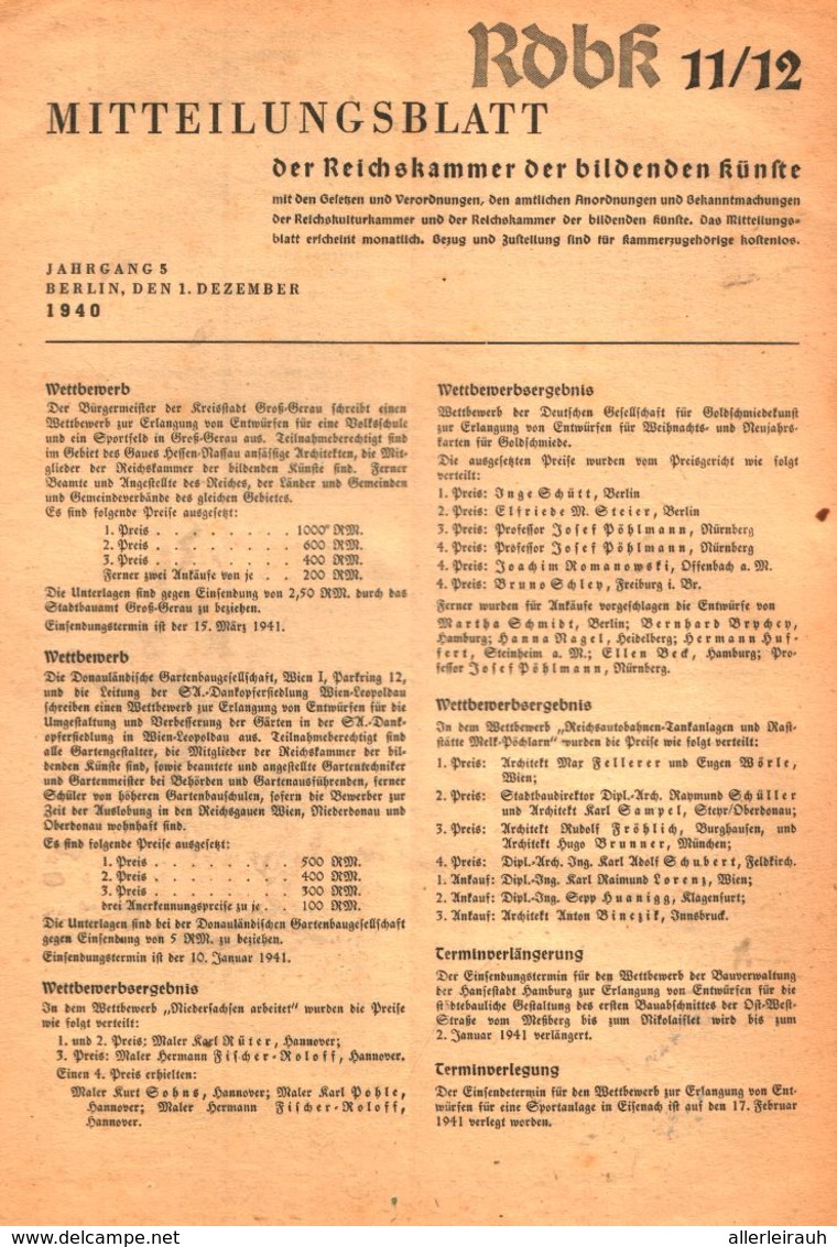 Mitteilungsblatt Der Reichskammer Der Bildenden Kuenste/Heft 11/12 / Zeitschrift/1940 - Colis