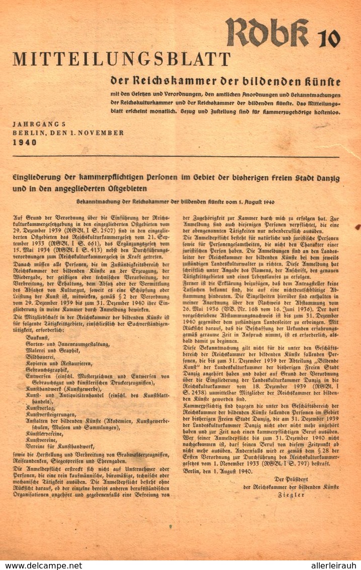 Mitteilungsblatt Der Reichskammer Der Bildenden Kuenste/ Heft 10 / Zeitschrift/1940 - Pacchi