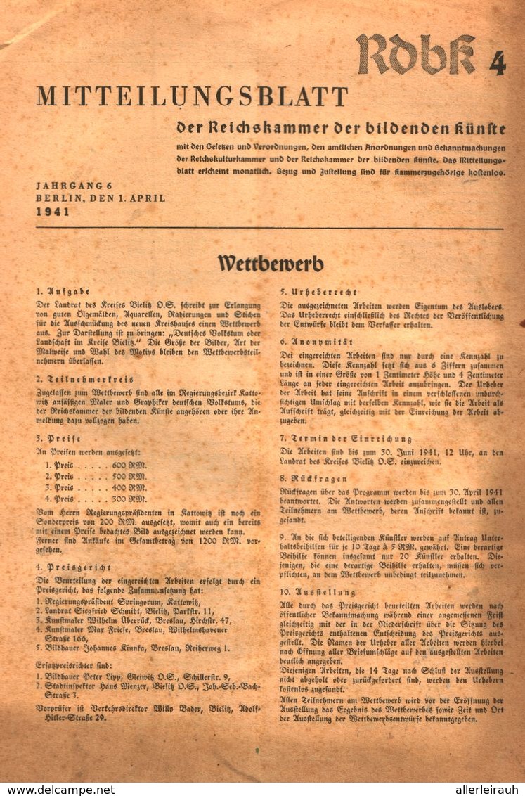 Mitteilungsblatt Der Reichskammer Der Bildenden Kuenste/ Heft 4 / Zeitschrift/1941 - Empaques