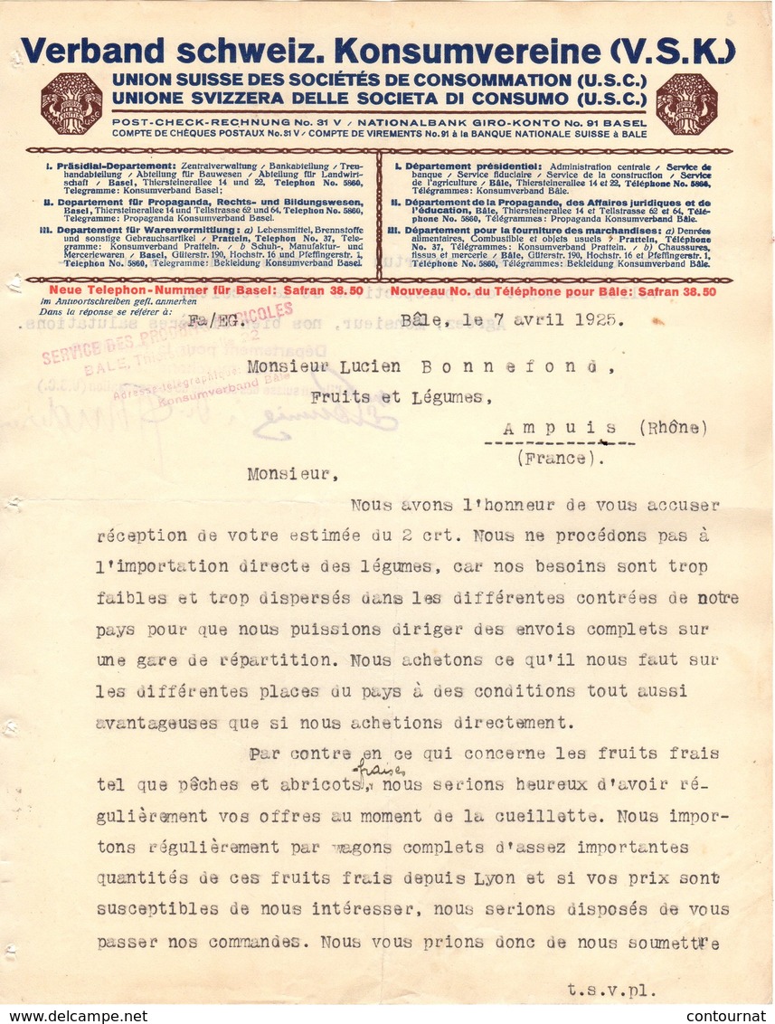 SUISSE BASEL BALE  COURRIER 1925 Union SUisse Des Sociètés De Consommation V.S.K.  *   A19 - Svizzera