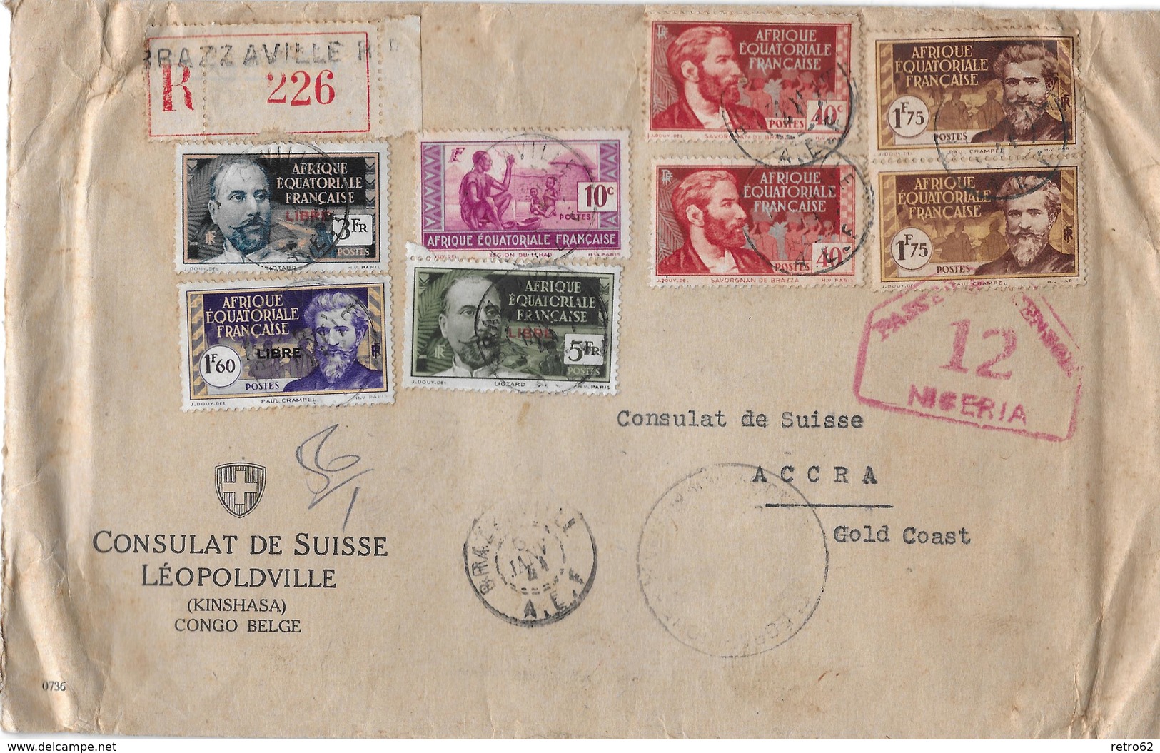 1941 KONGO BRAZZAVILLE → Registered 226 Letter Consulat De Suisse To ACCRA ►RRR◄ - Usati