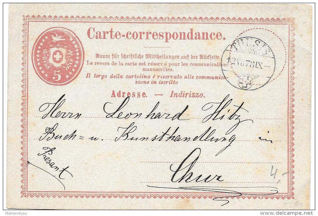 45 - 20 -  Entier Postal Avec Cachet à Date De Thusis 1878 - Taxe