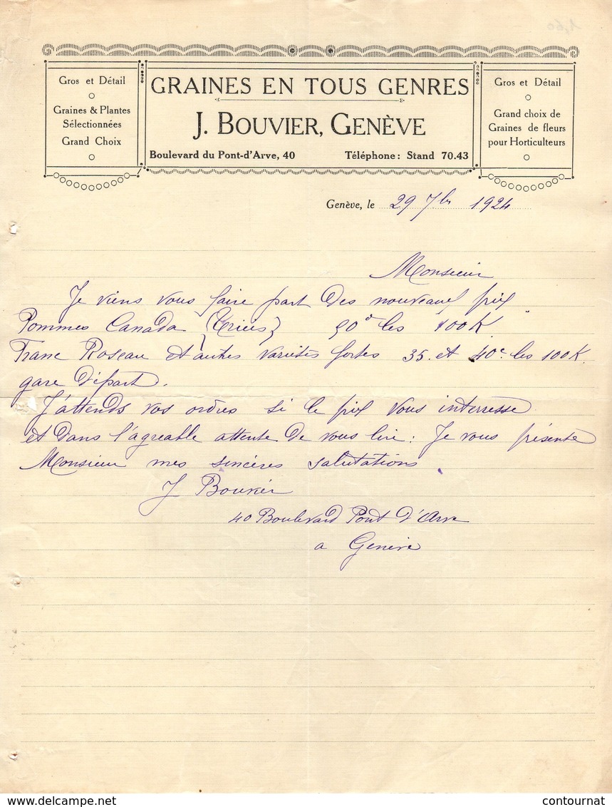 SUISSE GENEVE  COURRIER 1924 GRAINES  J. BOUVIER  *   A19 - Suisse