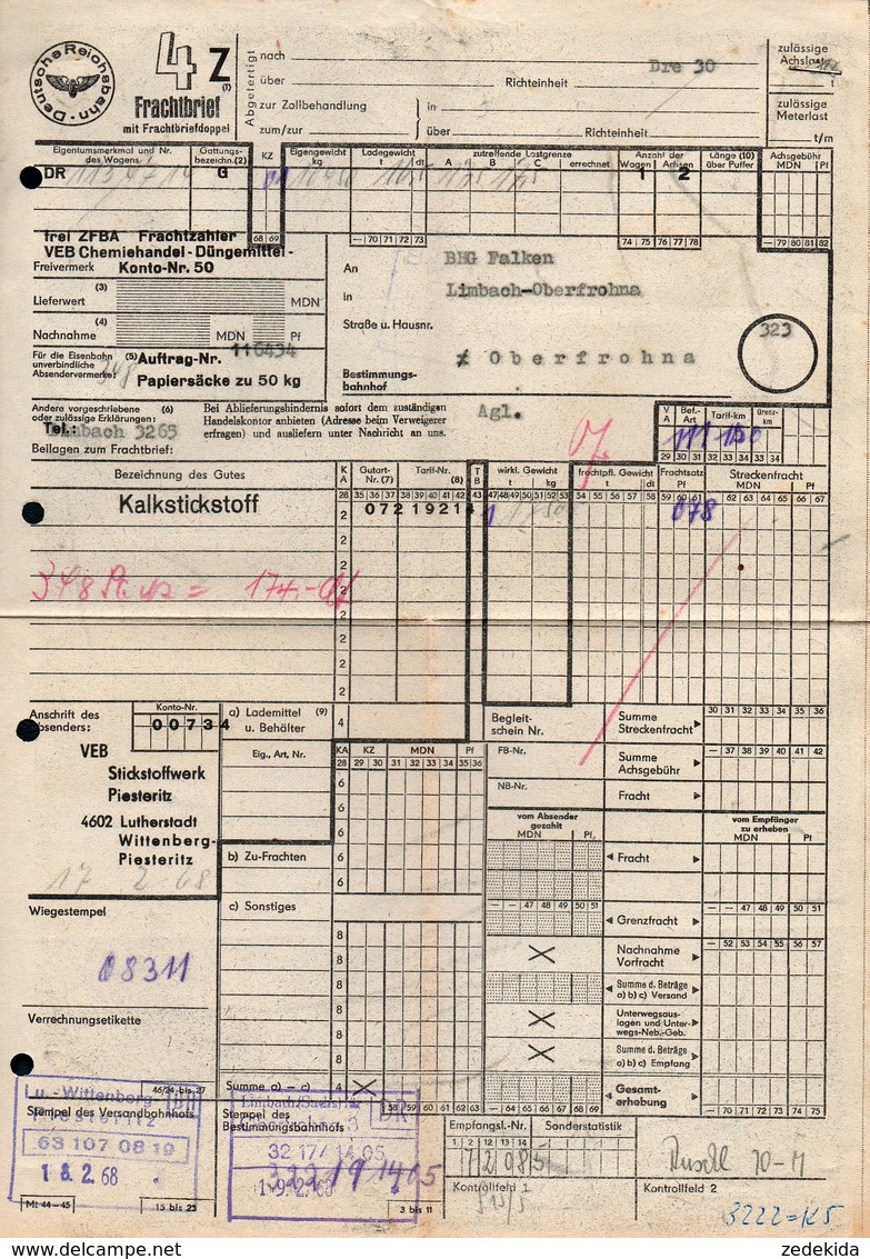 B2438 - Frachtbrief - Limbach Oberfrohna Wittenberg Piesteritz - Rechnung 1968 - Deutsche Reichsbahn - 1950 - ...