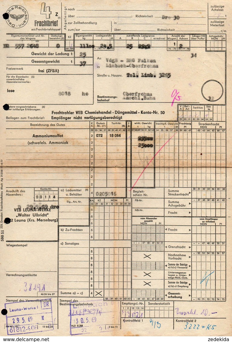 B2439 - Frachtbrief - Limbach Oberfrohna Leuna Werke Walter Ulbricht - Rechnung 1969 - Deutsche Reichsbahn - 1950 - ...