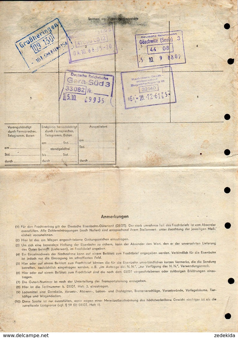 B2441 - Frachtbrief - Falken Limbach Oberfrohna Roßleben VEB Kaliwerk Heinrich Rau - Rechnung 1968 - Deutsche Reichsbahn - 1950 - ...