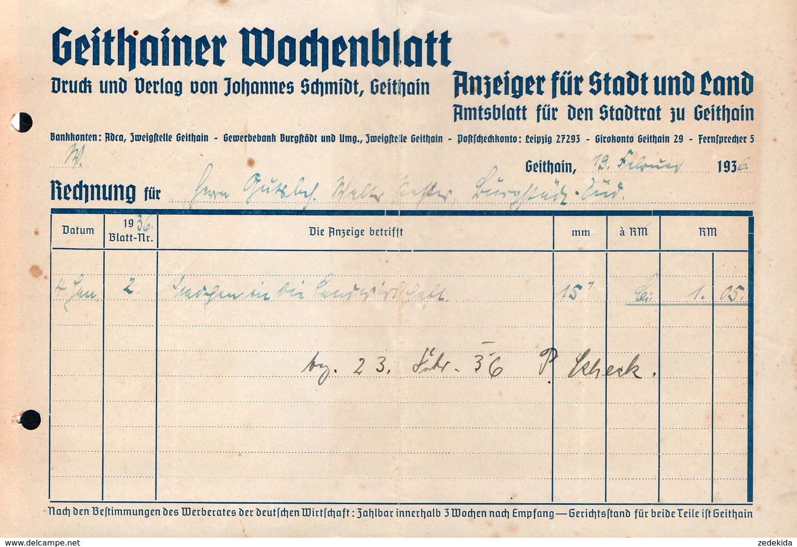 B2444 - Rechnung - Geithain - Geithainer  Wochenblatt 1936 - Verlag Johannes Schmidt - 1900 – 1949