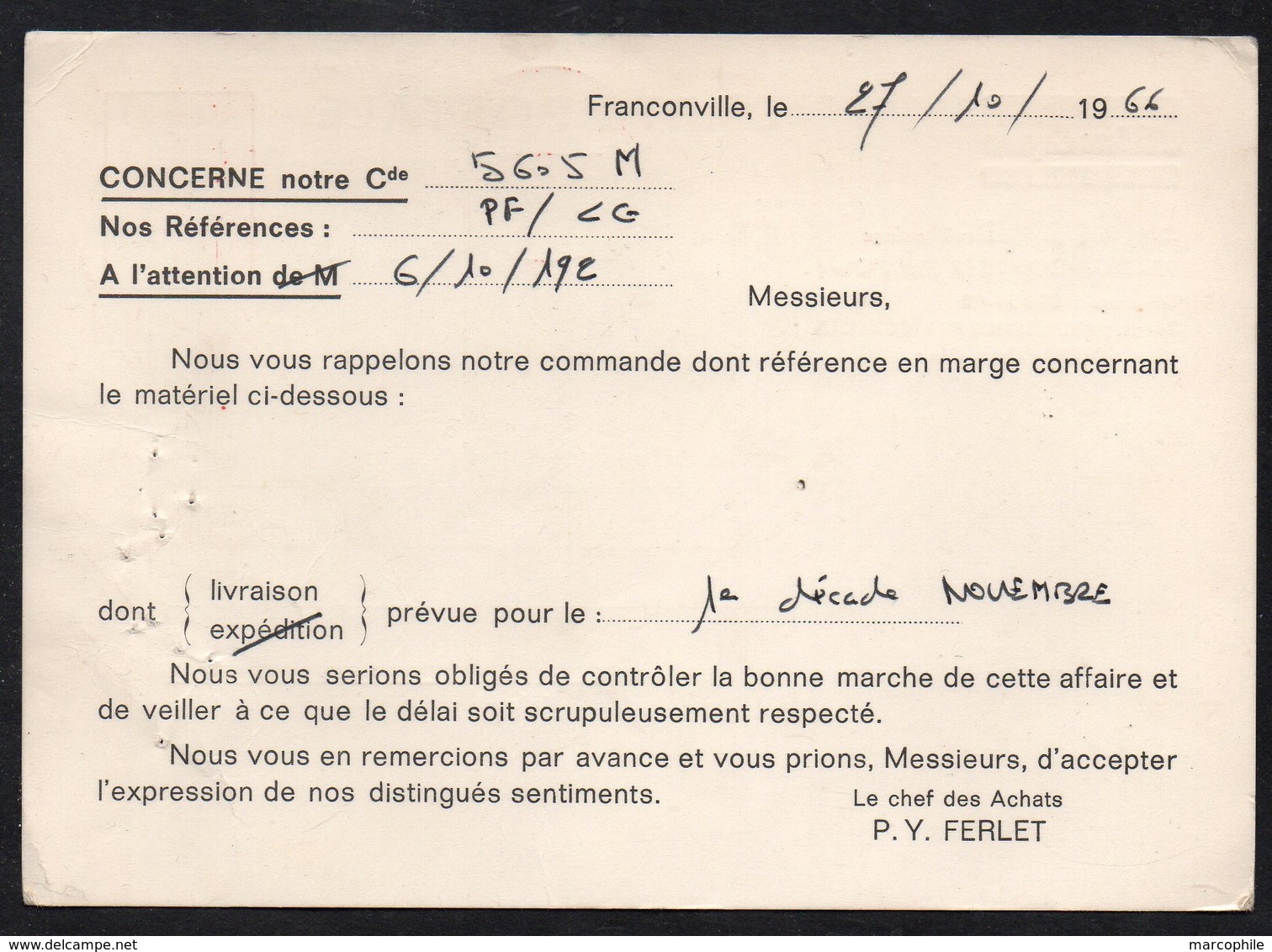 FRANCE - FRANCONVILLE / 1966 EMA SUR CARTE COMMERCIALE (ref LE2157) - EMA (Empreintes Machines à Affranchir)