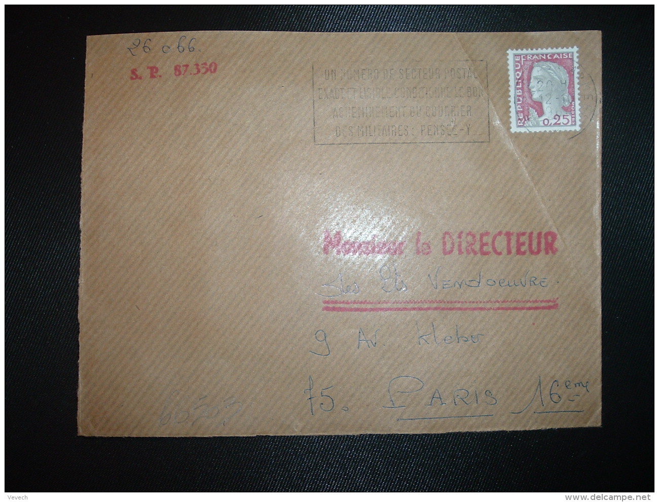 DEVANT L. TP M. DE DECARIS 0,25 OBL.MEC.12-10 1964 POSTE AUX ARMEES + EXP. SP 87.330 - Cachets Militaires A Partir De 1900 (hors Guerres)