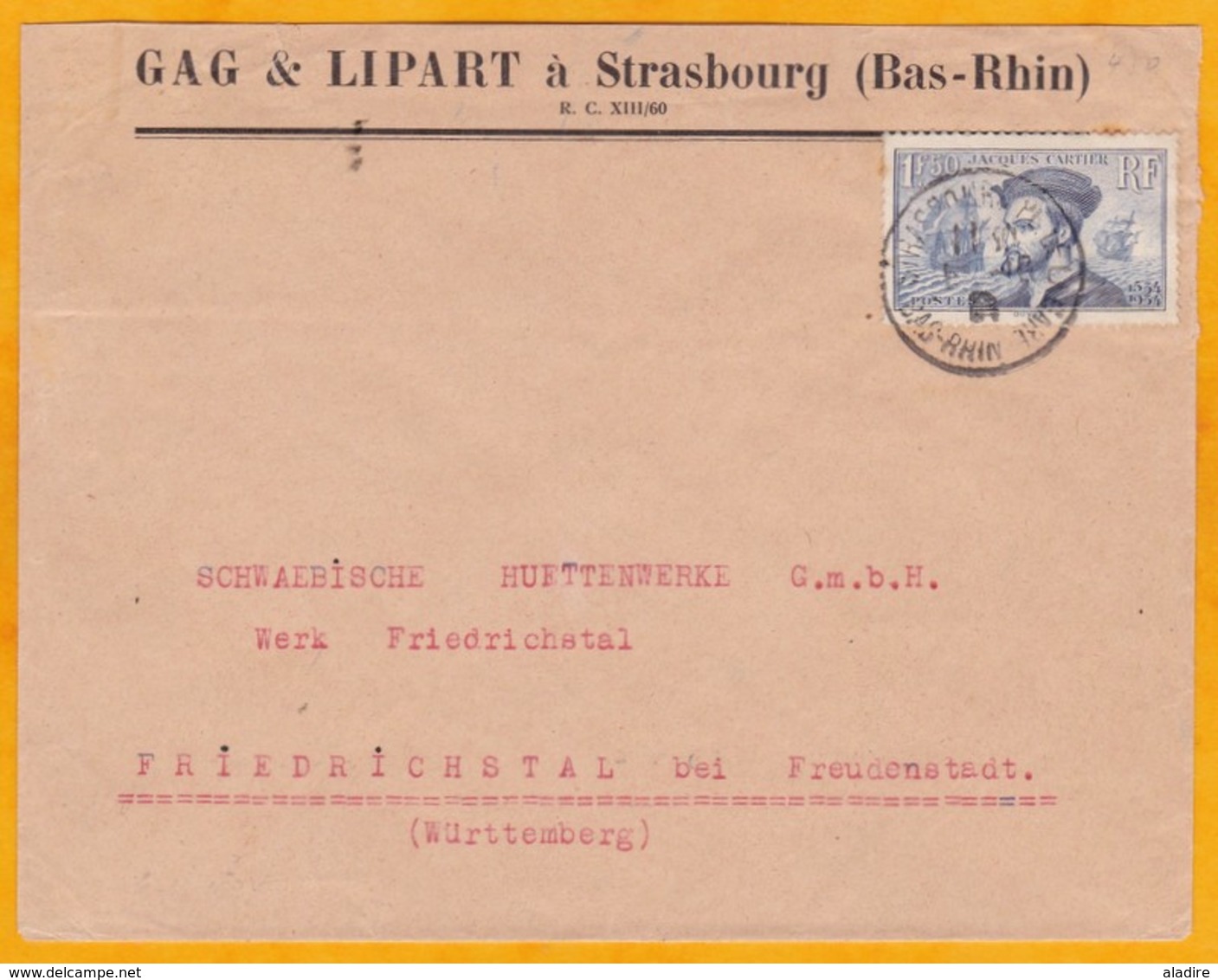 1934 - Envel. Commerc. Strasbourg Pl. De La Gare Vers Friedrichstal, Allemagne, YT 297 Jacques Cartier Seul C:11,50 € - 1921-1960: Période Moderne