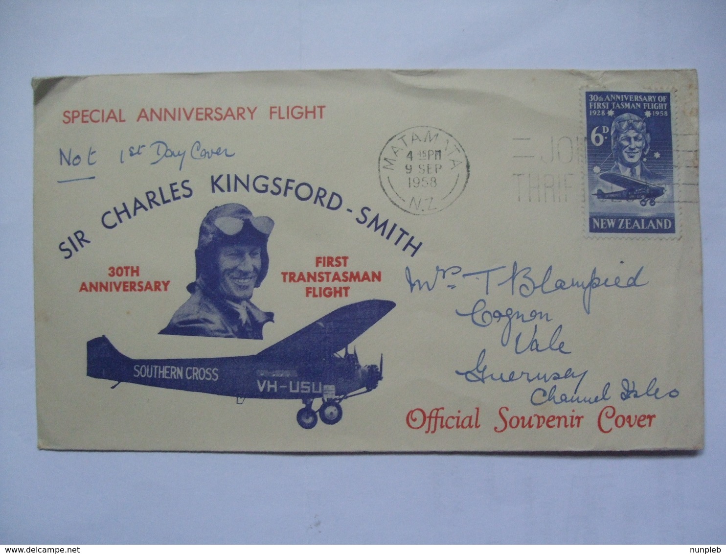 NEW ZEALAND - 1958 Kingsford Smith Illustrated Cover With Matamata Postmark To Guernsey - Covers & Documents