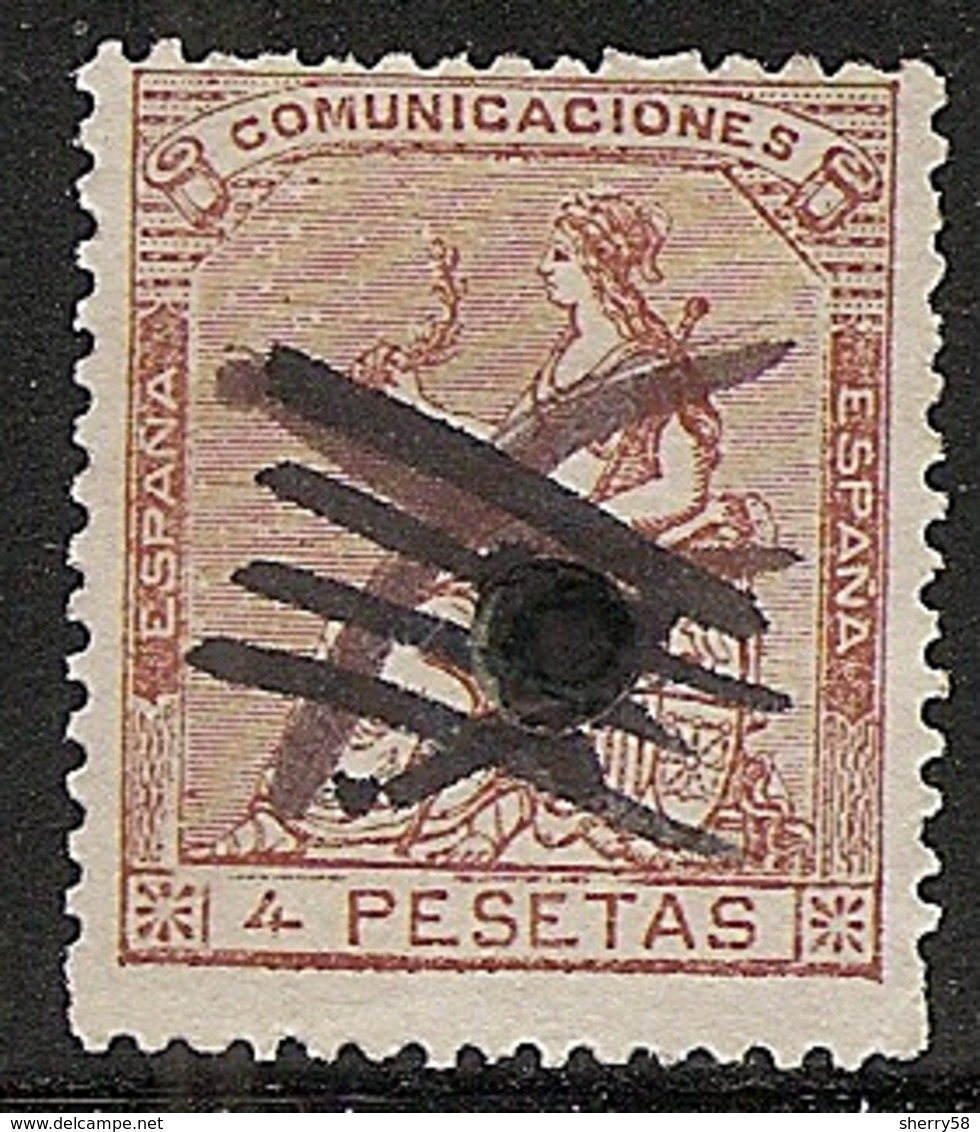 1873-ED. 139 I REPÚBLICA - ALEGORÍA DE ESPAÑA - 4 PESETAS CASTAÑO CLARO -TALADRADO DE TELEGRAFOS - Oblitérés