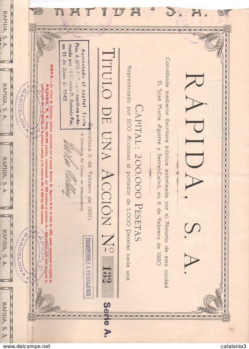 ACCION ANTIGUA - ACTION ANTIQUE =   RAPIDA SA 1920 - Otros & Sin Clasificación