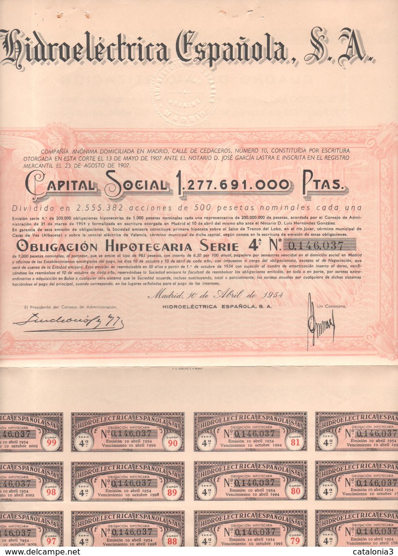 ACCION ANTIGUA - ACTION ANTIQUE =  HIDROELECTRICA ESPAÑOLA 1954 - Otros & Sin Clasificación