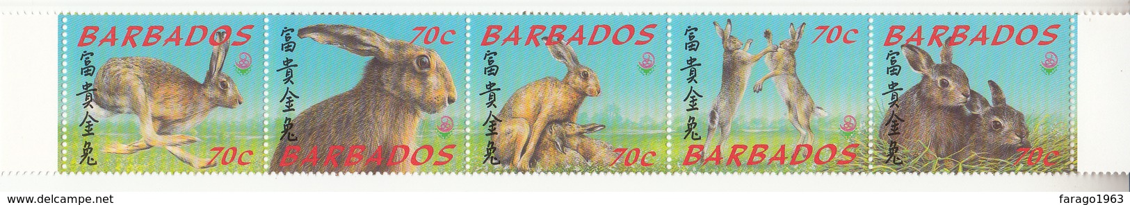 1999 Barbados Year Of The Rabbit Strip Of 5 Complete MNH - Barbados (1966-...)