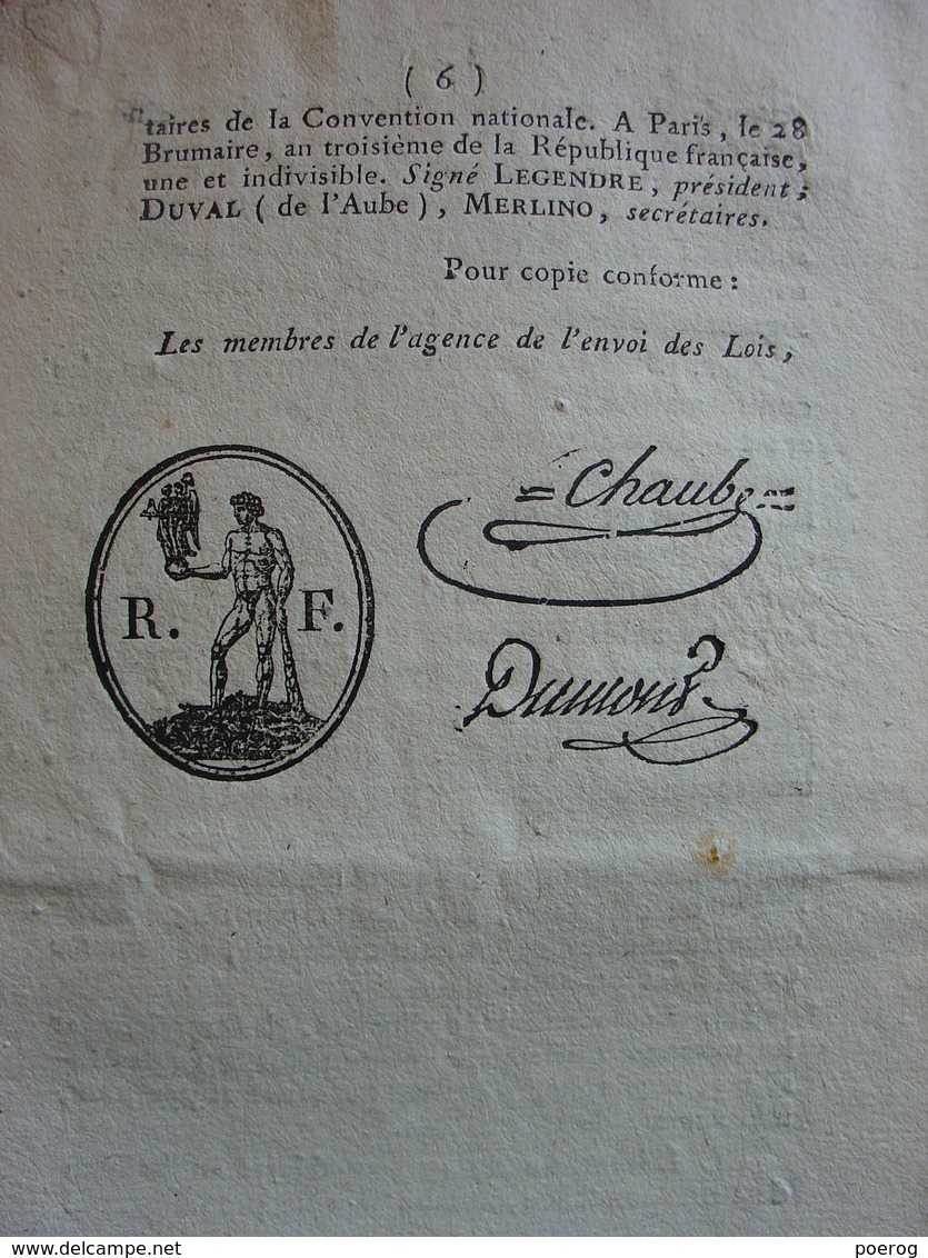 BULLETIN DES LOIS DE BRUMAIRE AN 3 (1794) - RESTITUTION ARMES - ALIGNEMENT SOLDE MARINE SUR ARMEE DE TERRE - Marine - Decreti & Leggi