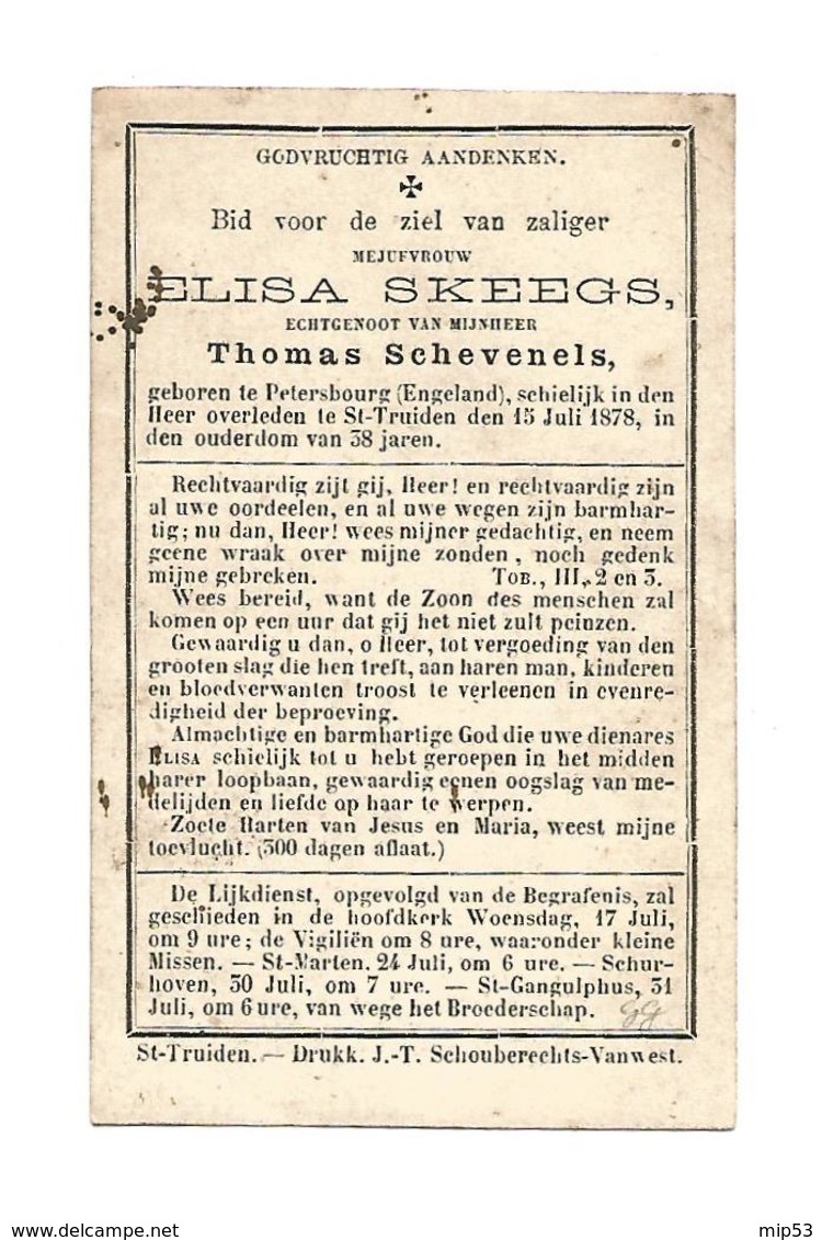 D 34. ELISA  SKEEGS  Echtg. T. Schevenels -  °PETERSBOURG (ENGELAND)  /  +ST-TRUIDEN 1878  (38j.) - Devotion Images