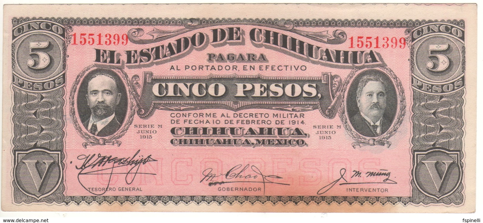 MEXICO   5 Pesos  "El Estado De Chihuahua"  PS531   1915   UNC. - Mexico