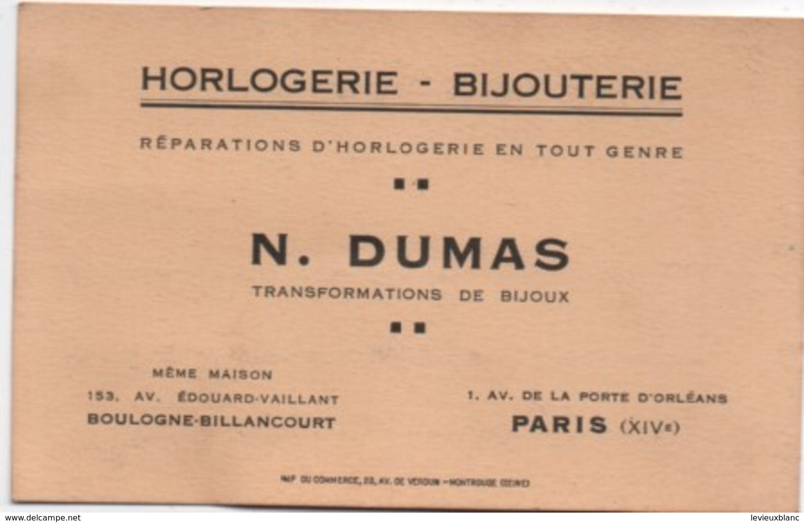 Carte Commerciale/Horlogerie- Bijouterie/N DUMAS/ Transformation De Bijoux /BOULOGNE-BILLANCOURT/ /Paris /1935    CAC116 - Cartes De Visite