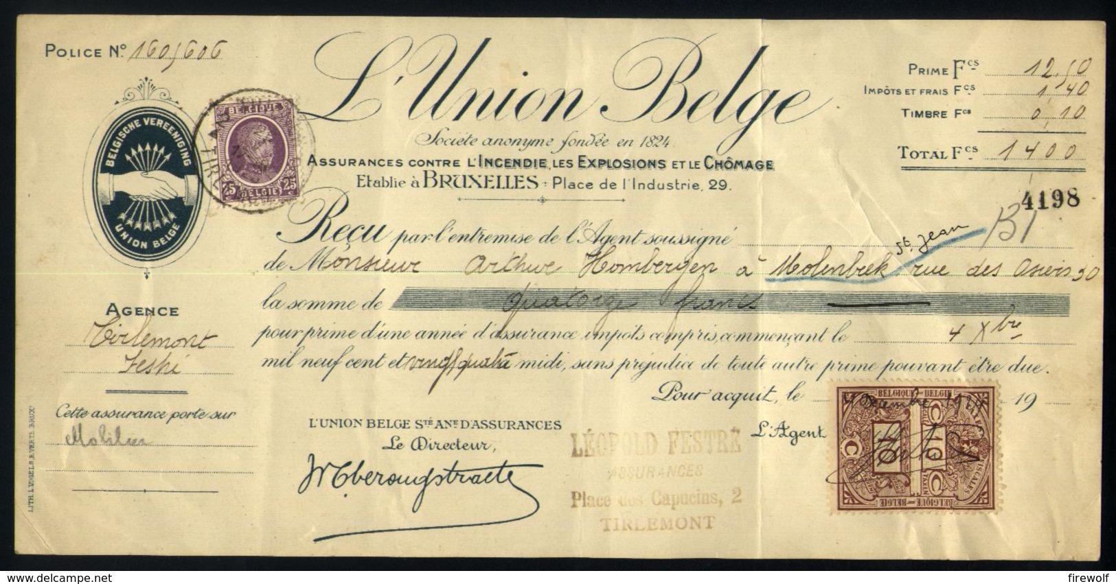 E03 - Belgium - OBP 197 - Payment Receipt L'Union Belge Assurances - Tienen / Tirlemon - 1925 - 1922-1927 Houyoux