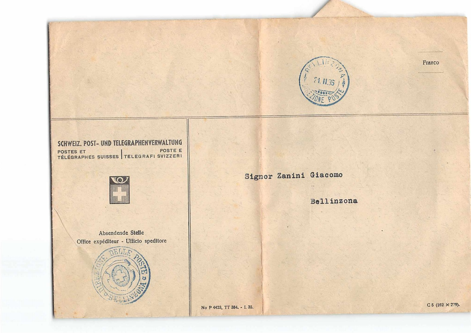 L1147 DIREZIONE DELLE POSTE BELLINZONA - SUL RETRO TIMBRO  MOLINAZZO - Storia Postale