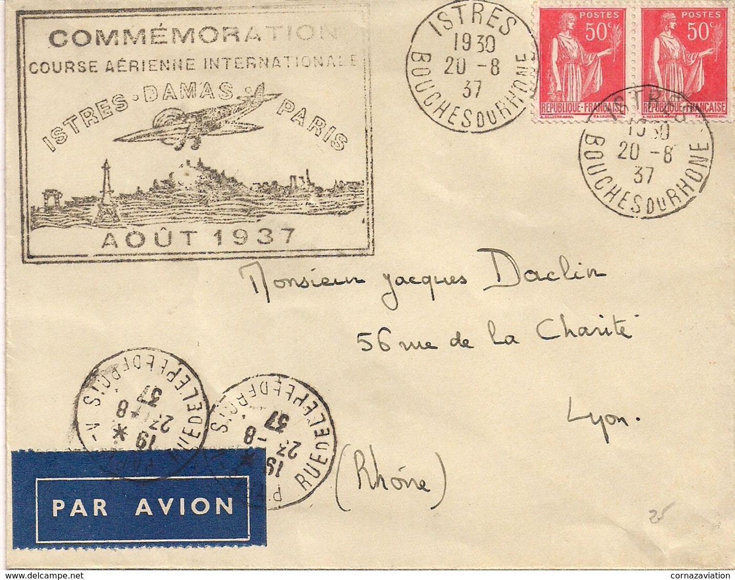 Poste Aérienne - Istres - Lyon - 1937 - Autres & Non Classés