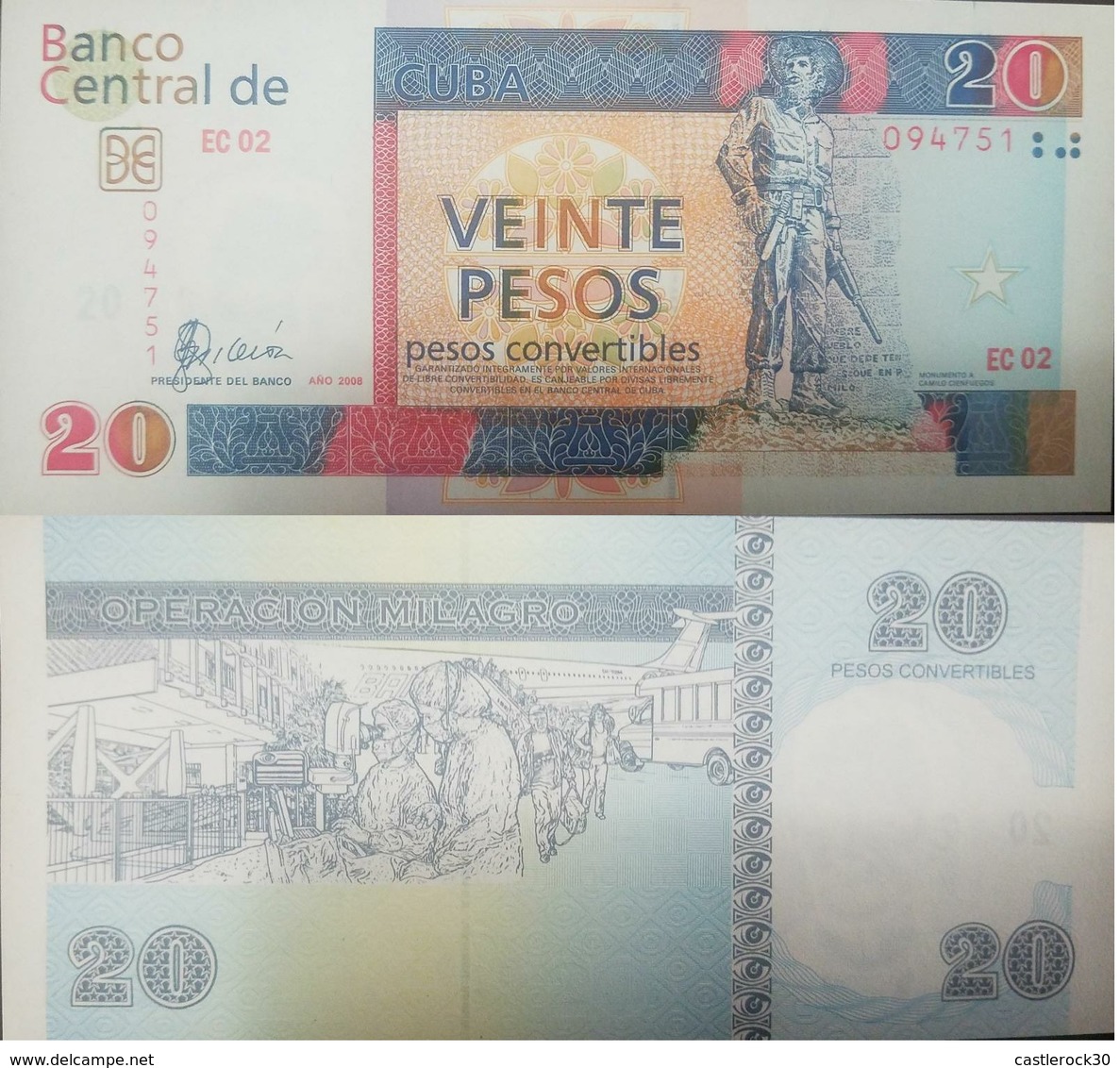 L) 2008 CUBA, BANKNOTES, CAMILO CIENFUEGOS, 20 PESOS, CONVERTIBLE WEIGHTS, OPERATION MILAGRO, PEOPLE, VIEW, BUS, AIRPLAN - Cuba