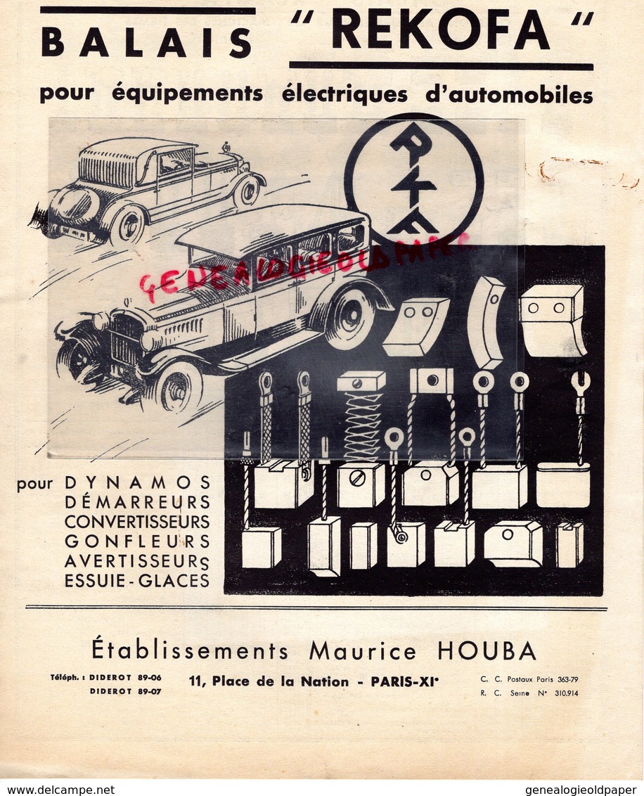 75- PARIS- RARE CATALOGUE ETS. MAURICE HOUBA- BALAIS REKOFA POUR EQUIPEMENTS ELECTRIQUES AUTOMOBILES-11 PLACE NATION- - Automovilismo