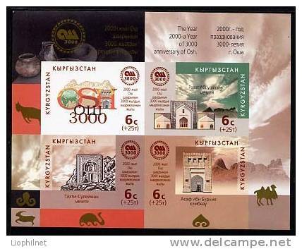 KIRGHIZISTAN 2000, 3e Millénaire D'Osh, Feuillet 4 Valeurs, NON DENTELES / IMPERFORATED. R1425 - Monuments